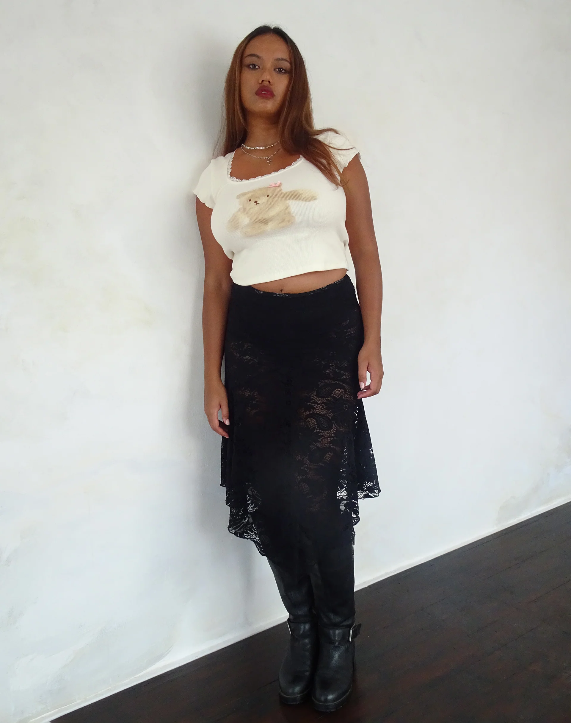 Bovillo Cap Sleeve Top in White Rib with Teddy Motif - Awmao