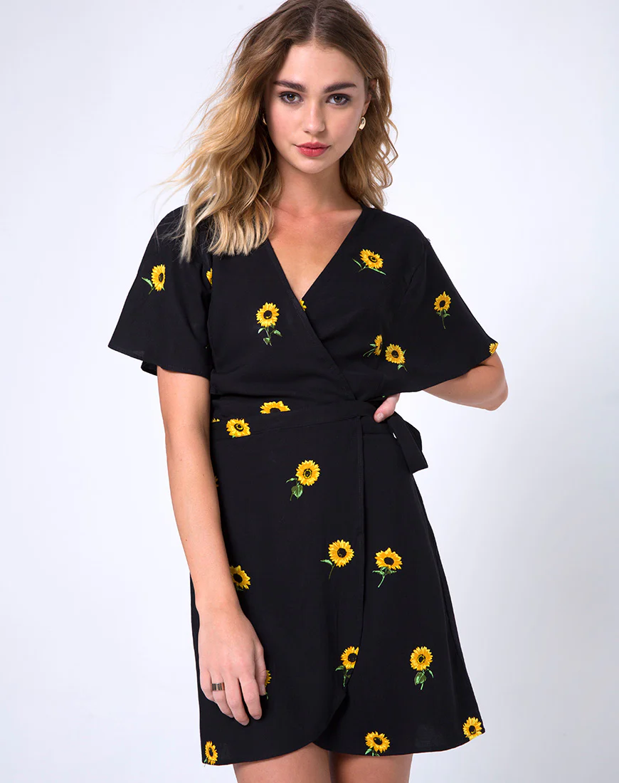 Rawa Wrap Dress in Ditsy Sunflower - Awmao