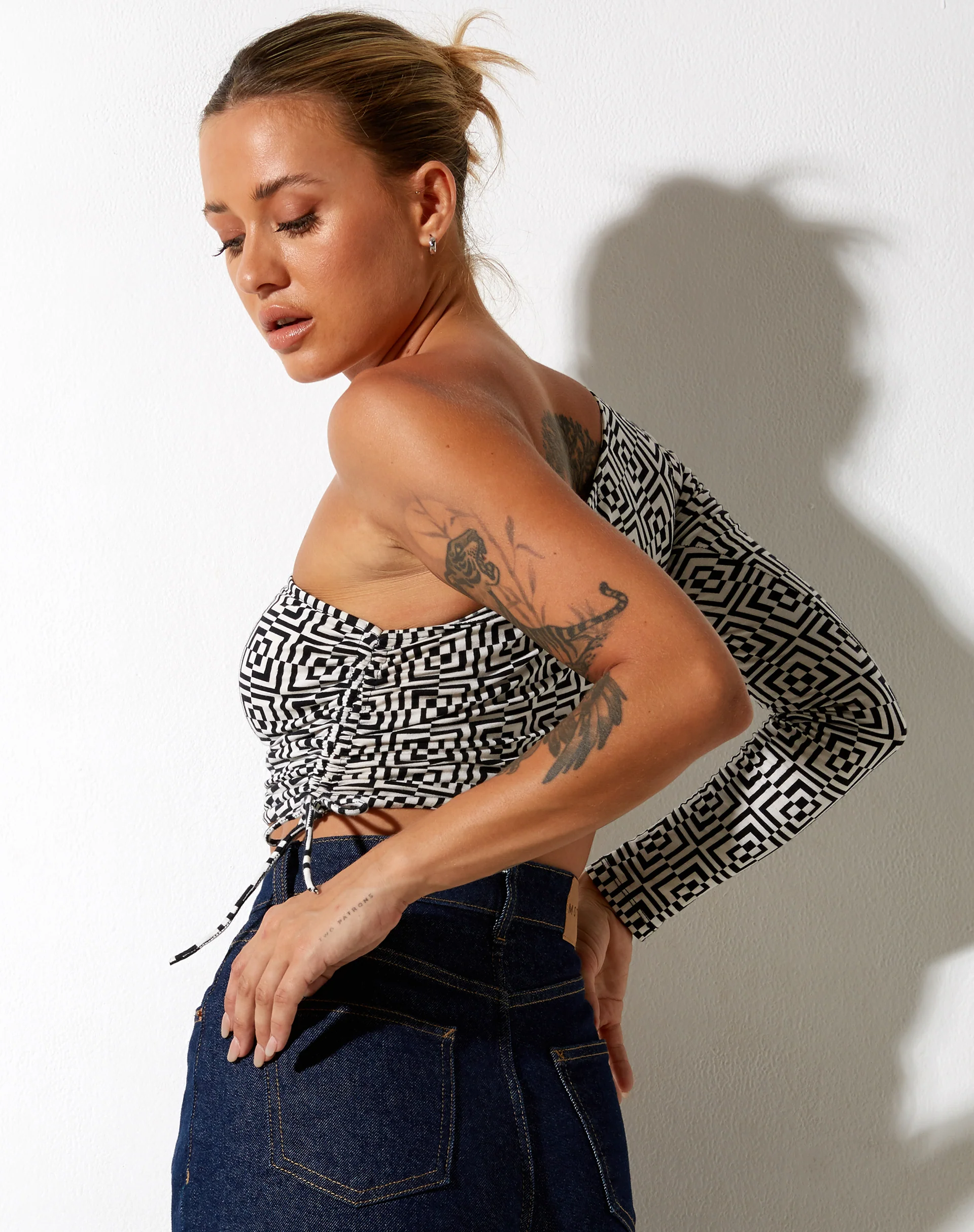 Karine Crop Top in Optic Square Black and White - Awmao