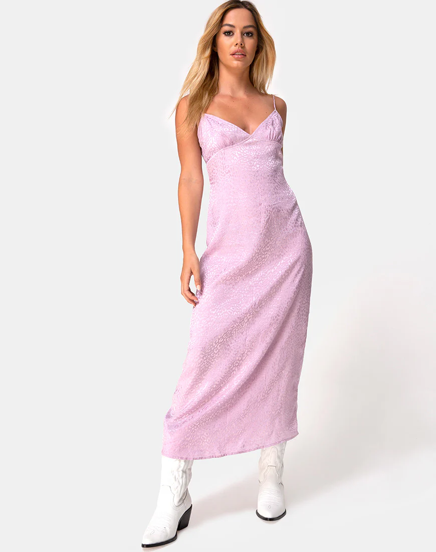 Gaela Slip Dress in Satin Cheetah Dusky Lilac - Awmao