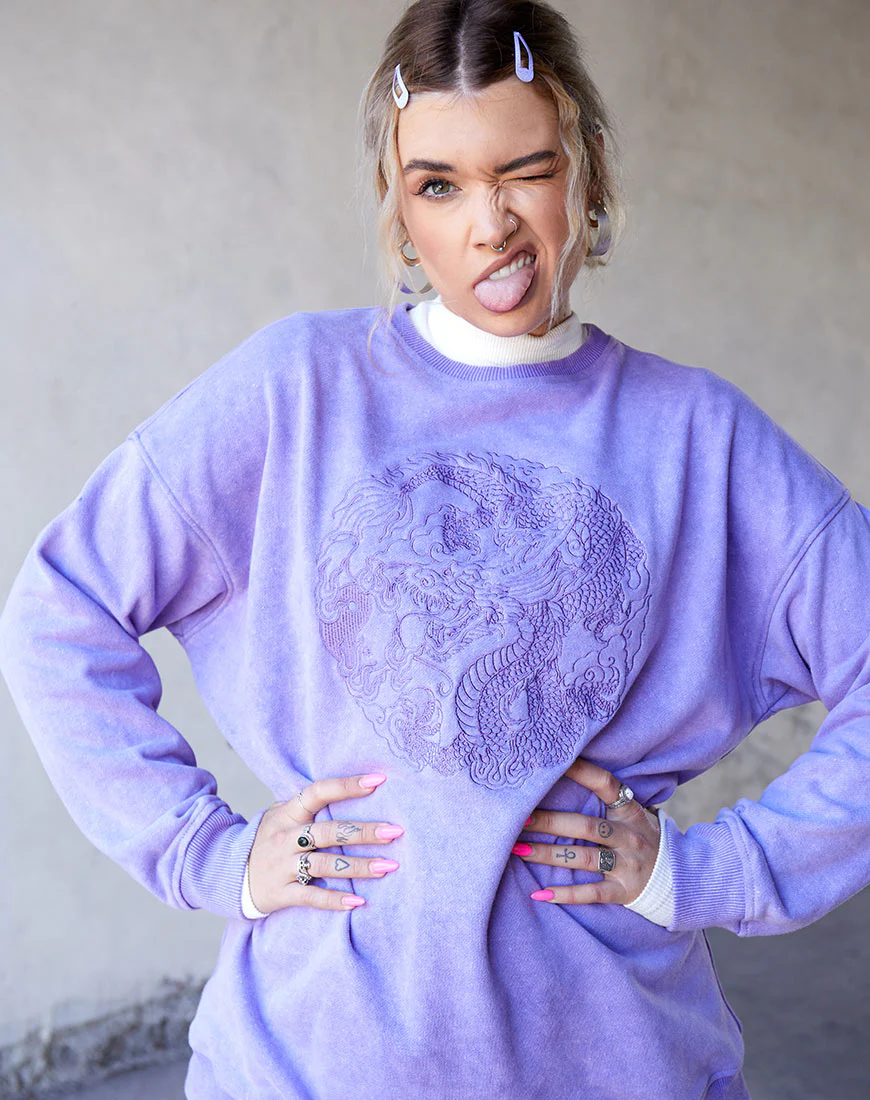 Glo Sweatshirt in Lilac Wash with Dragon Embro - Awmao