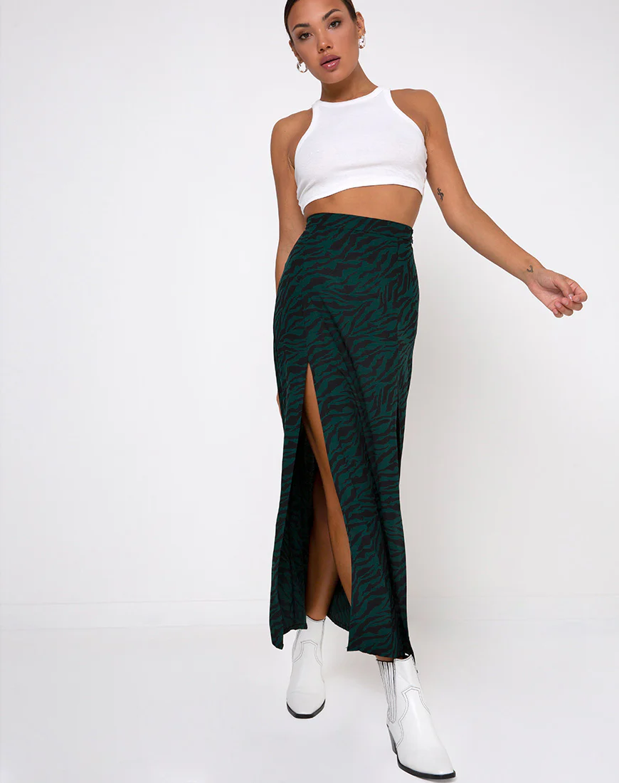 Mica Maxi Skirt in 90's Zebra Forest Green - Awmao