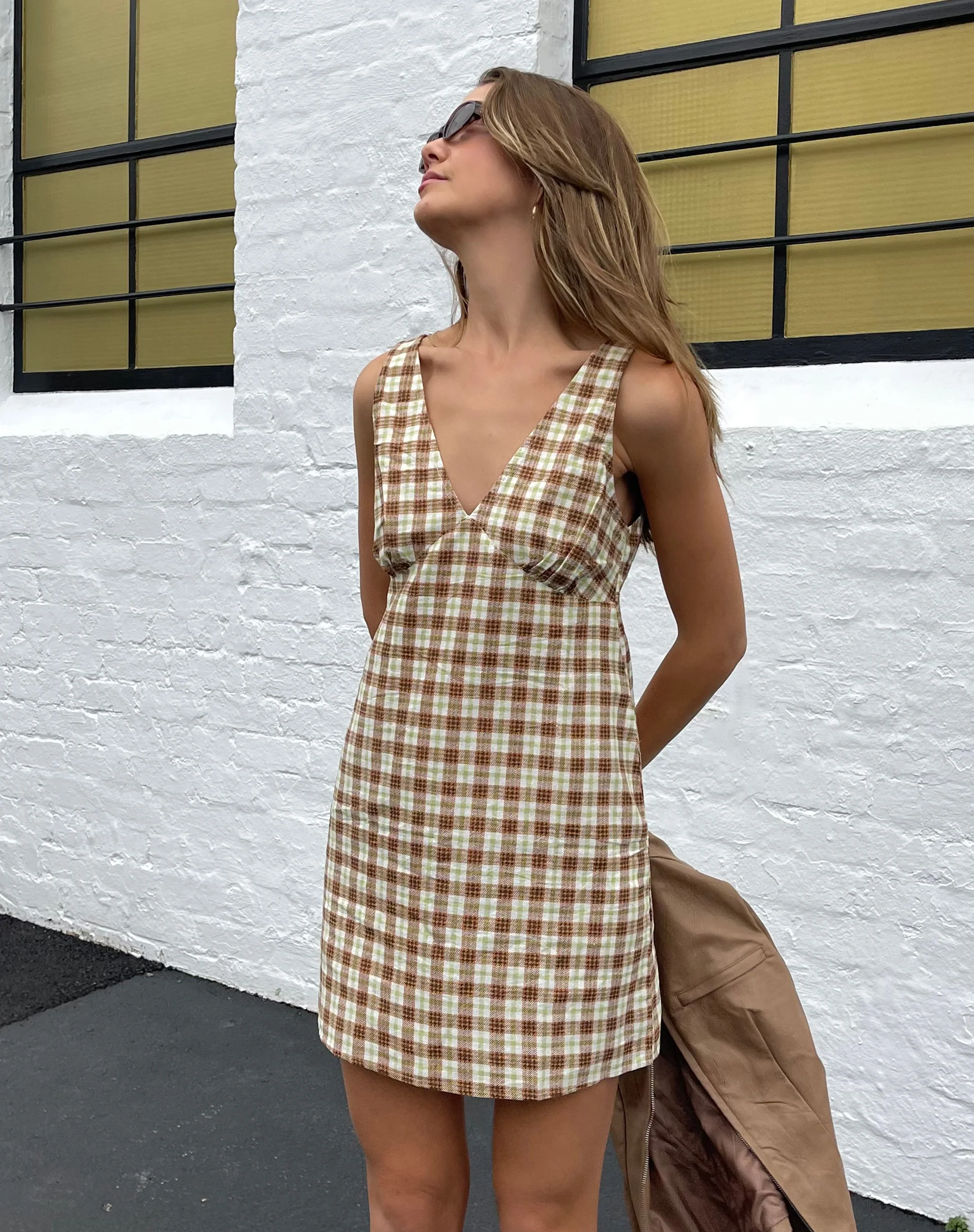 Eluned Day Dress in Yellow and Brown Check - Awmao