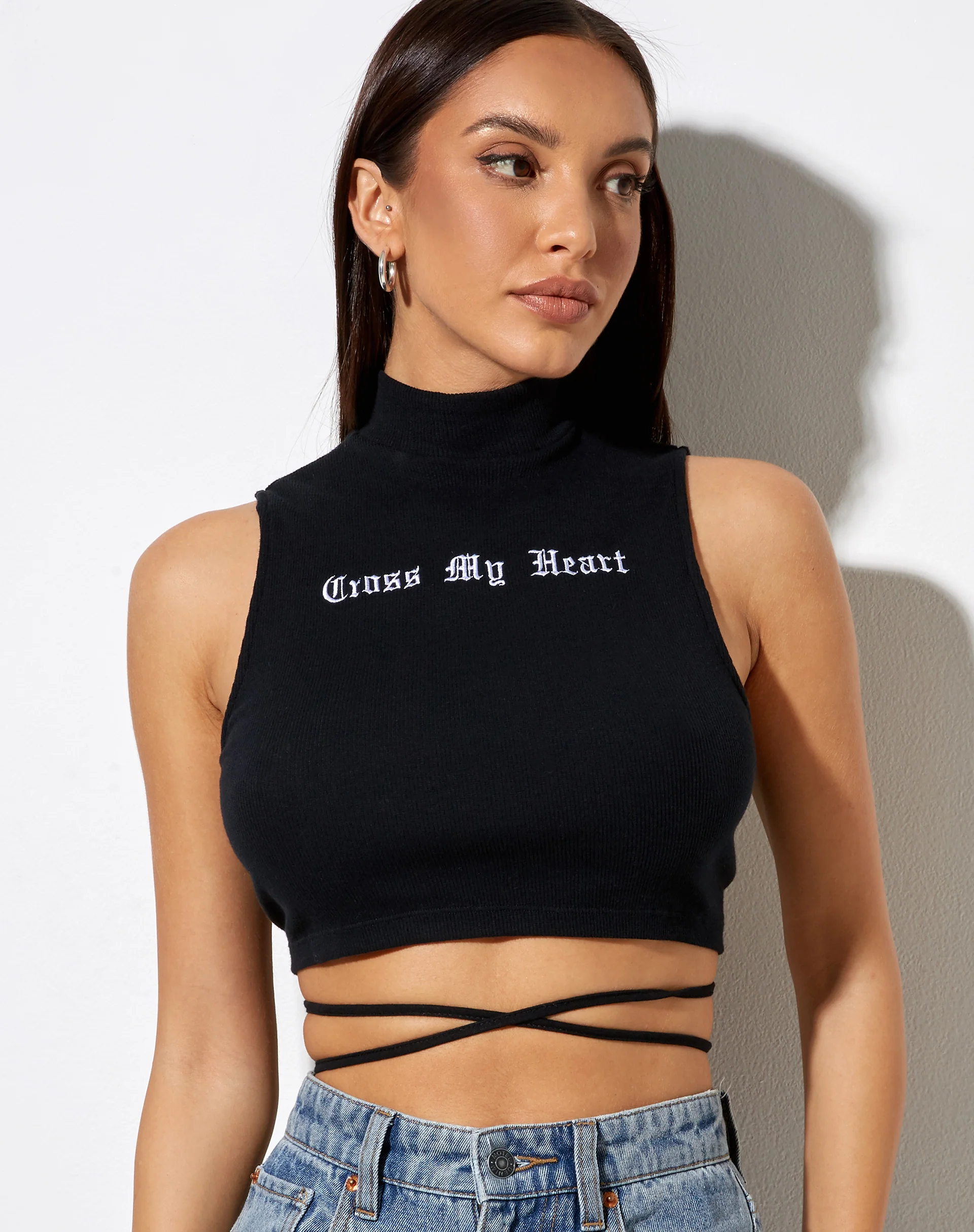 Quera Crop Top in Black 'Cross My Heart' Embro - Awmao