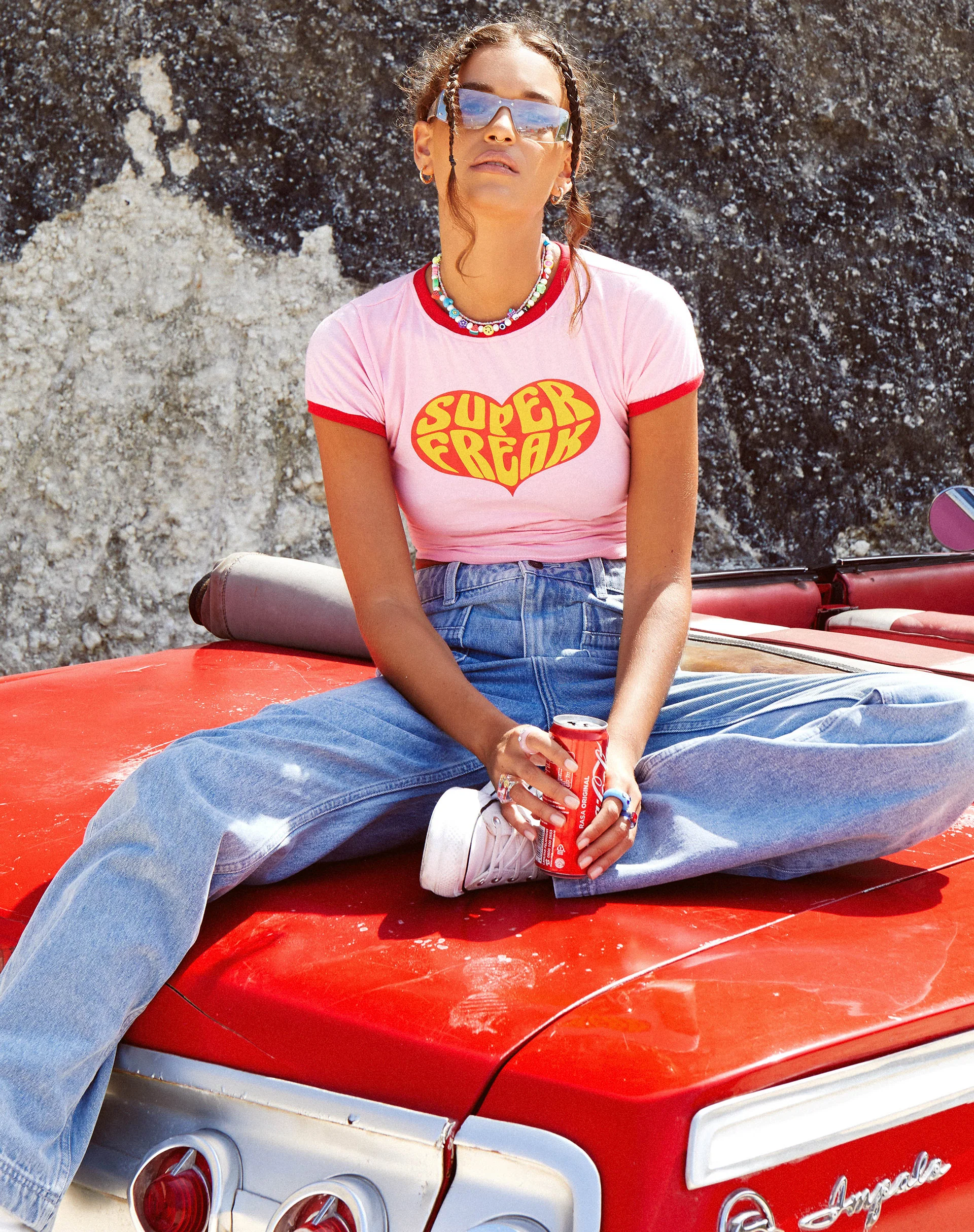 Ringer Tee in Peony Bind Racing Red Super Freak - Awmao