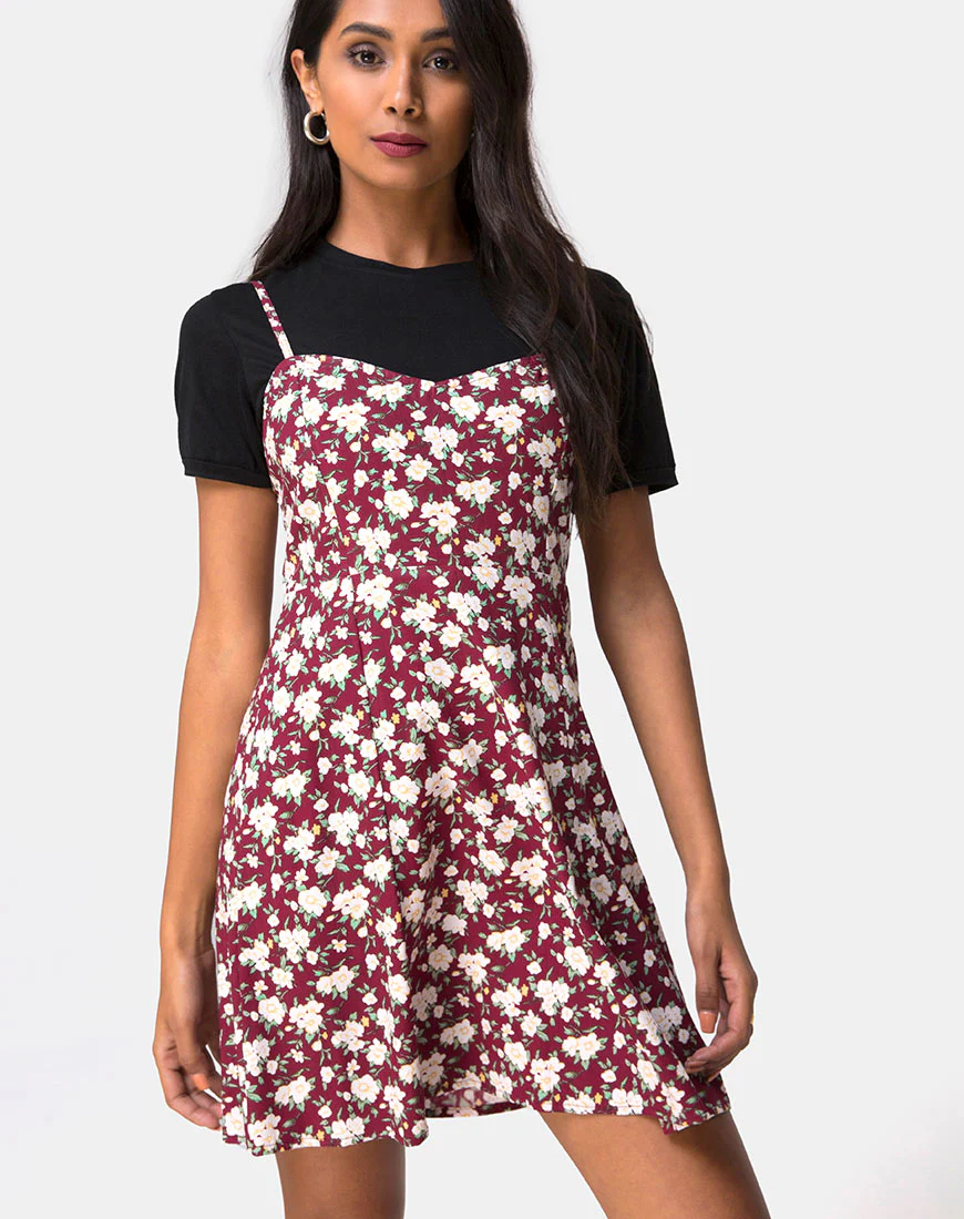 Yandra Slip Dress in Wild Fleur Maroon - Awmao