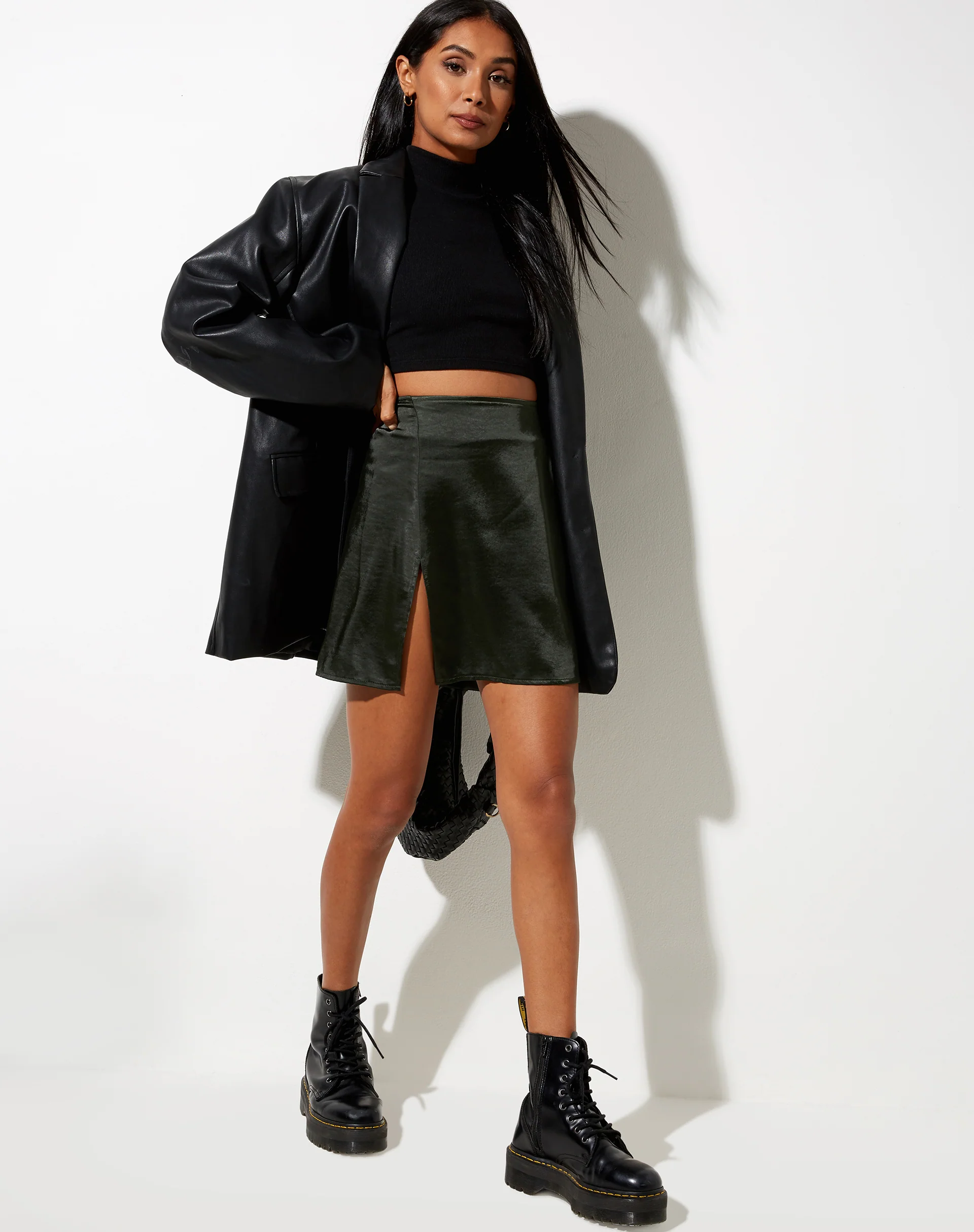 Shenka Mini Skirt in Satin Dark Khaki - Awmao