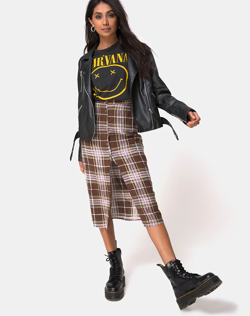 Kaisa Midi Skirt in Tartan Brown - Awmao