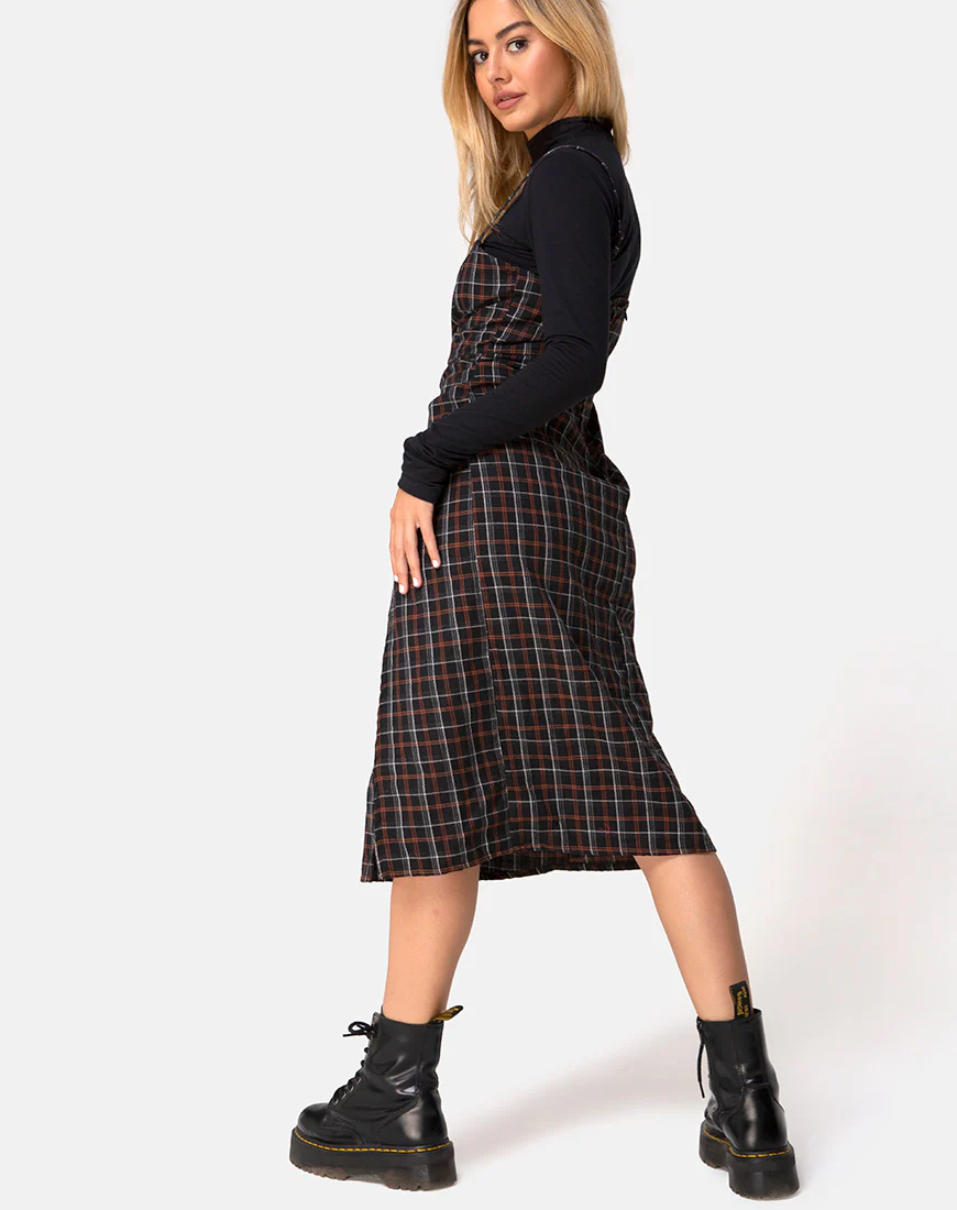 Kaoya Midi Dress in Check Black and Orange - Awmao