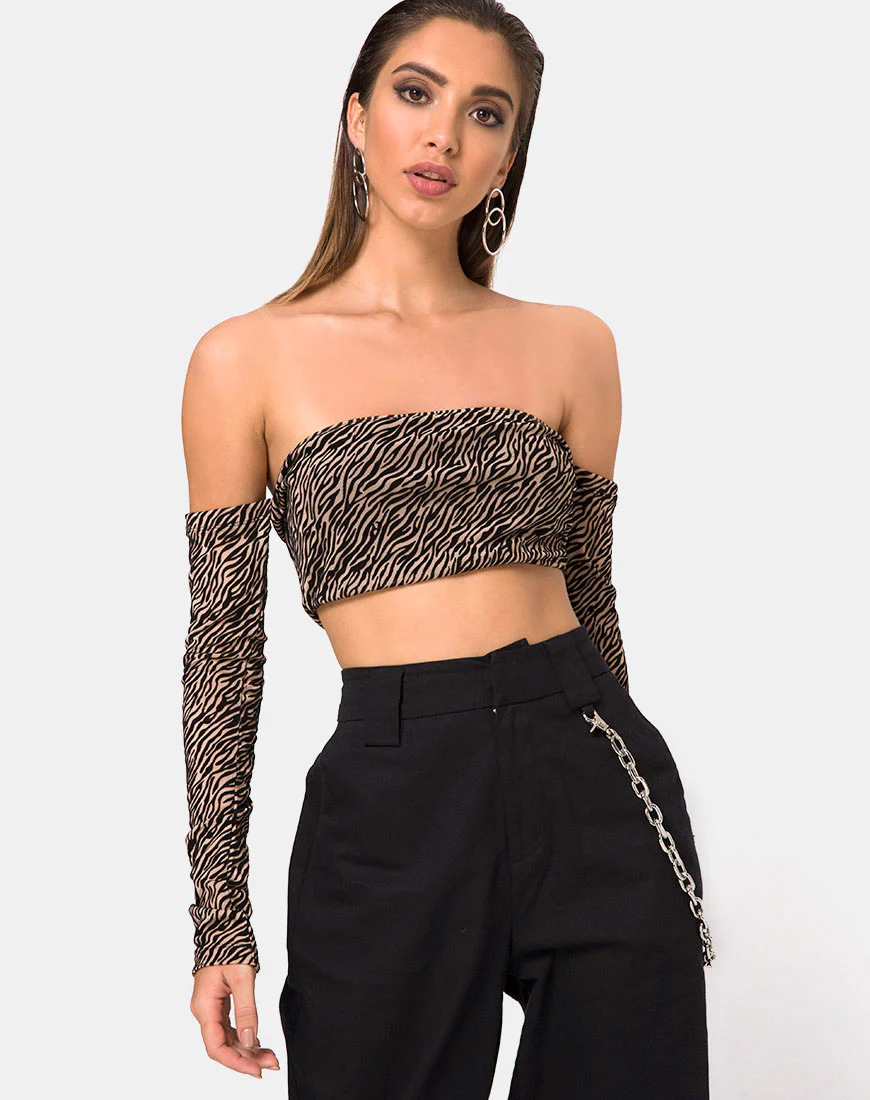 Nareen Off Shoulder Top in Tiger Net Tan - Awmao