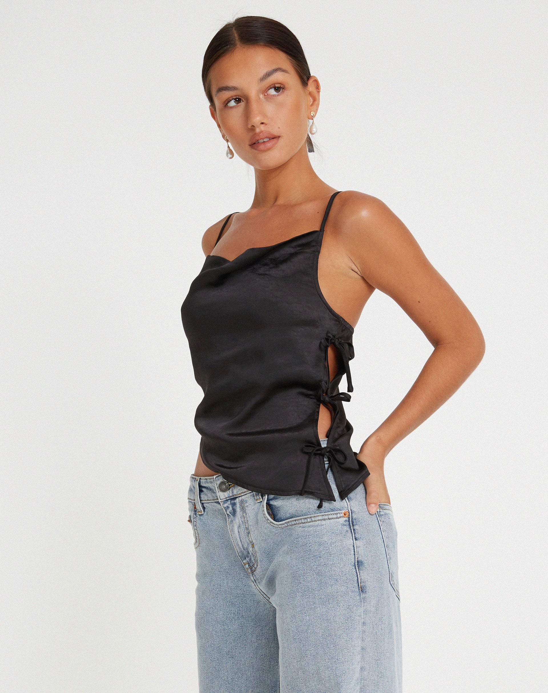 Timbis Strappy Top in Satin Black - Awmao