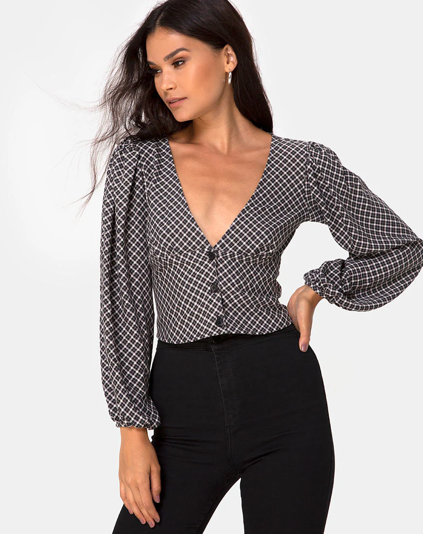 Roma Long Sleeve Top in Check It Out Black - Awmao