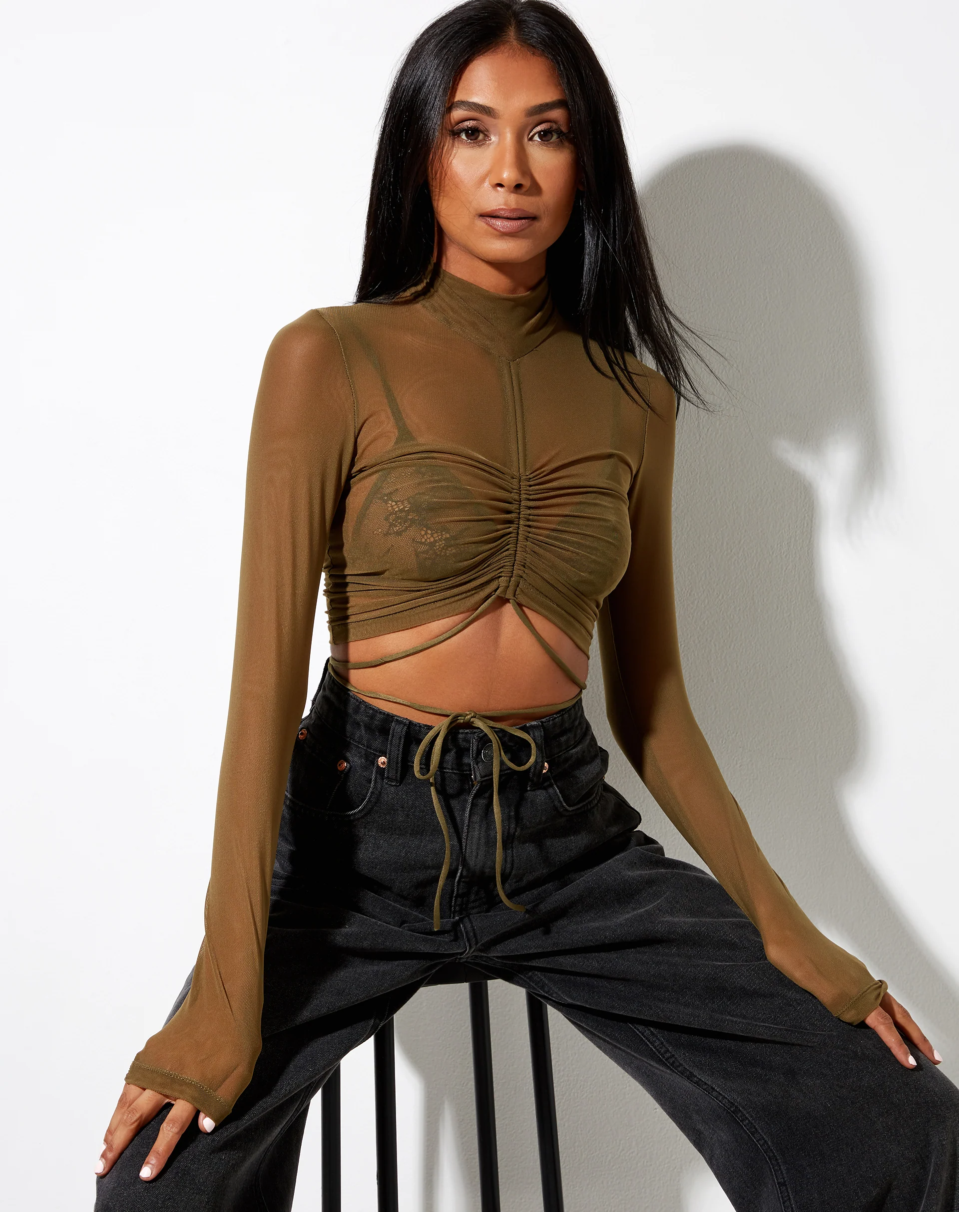 Sauja Crop Top in Mesh Khaki Green - Awmao