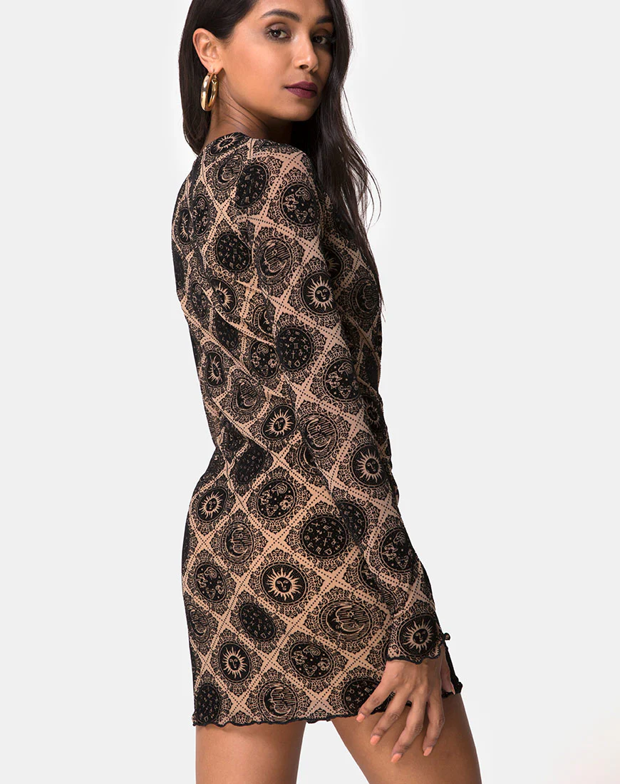 Wyanna Dress in Taupe Net with Black Sign Flock - Awmao