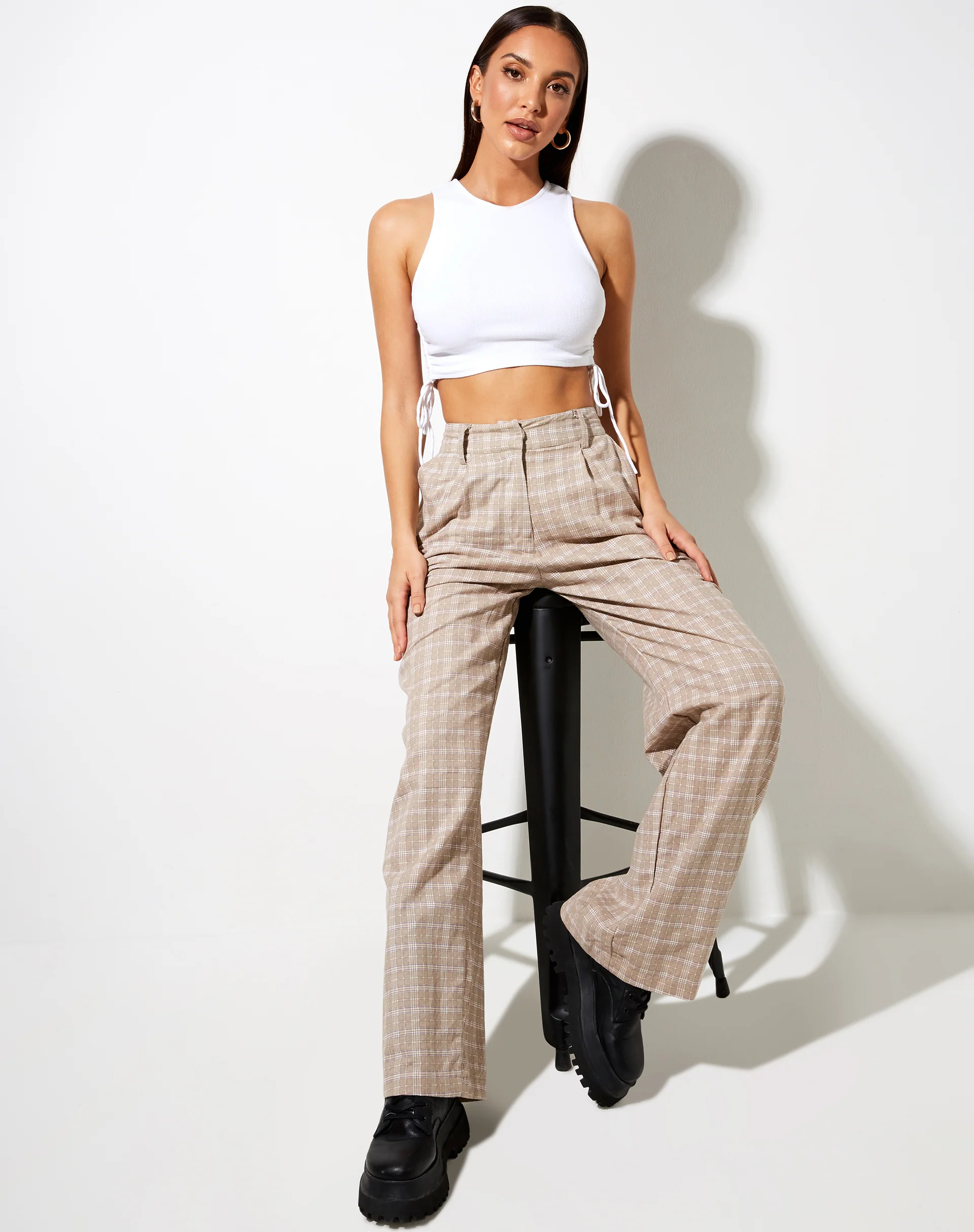 Onfal Wide Leg Trouser in Taupe Check - Awmao