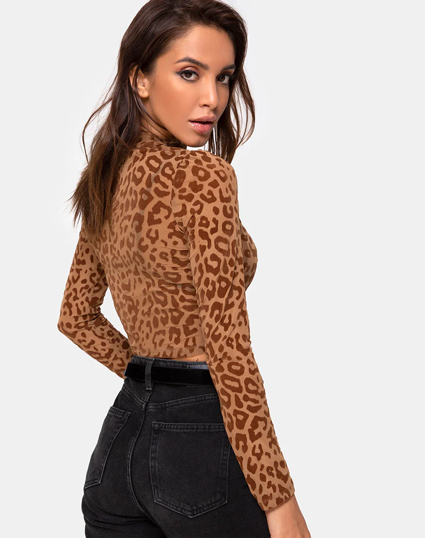 Lara Crop Top in Animal Flock Tan Brown - Awmao