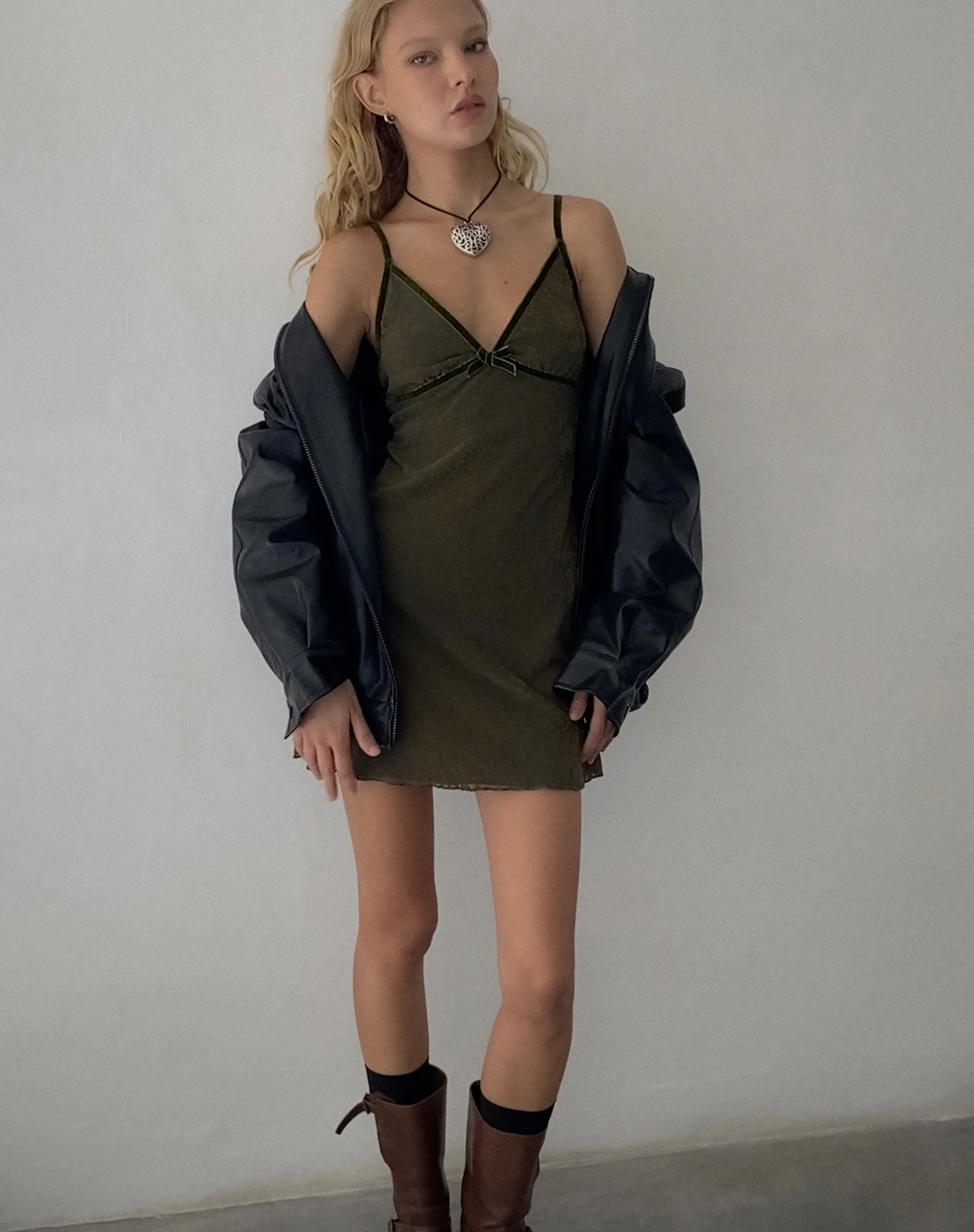 Mevila Mini Dress in Abstract Botanic Dark Olive - Awmao