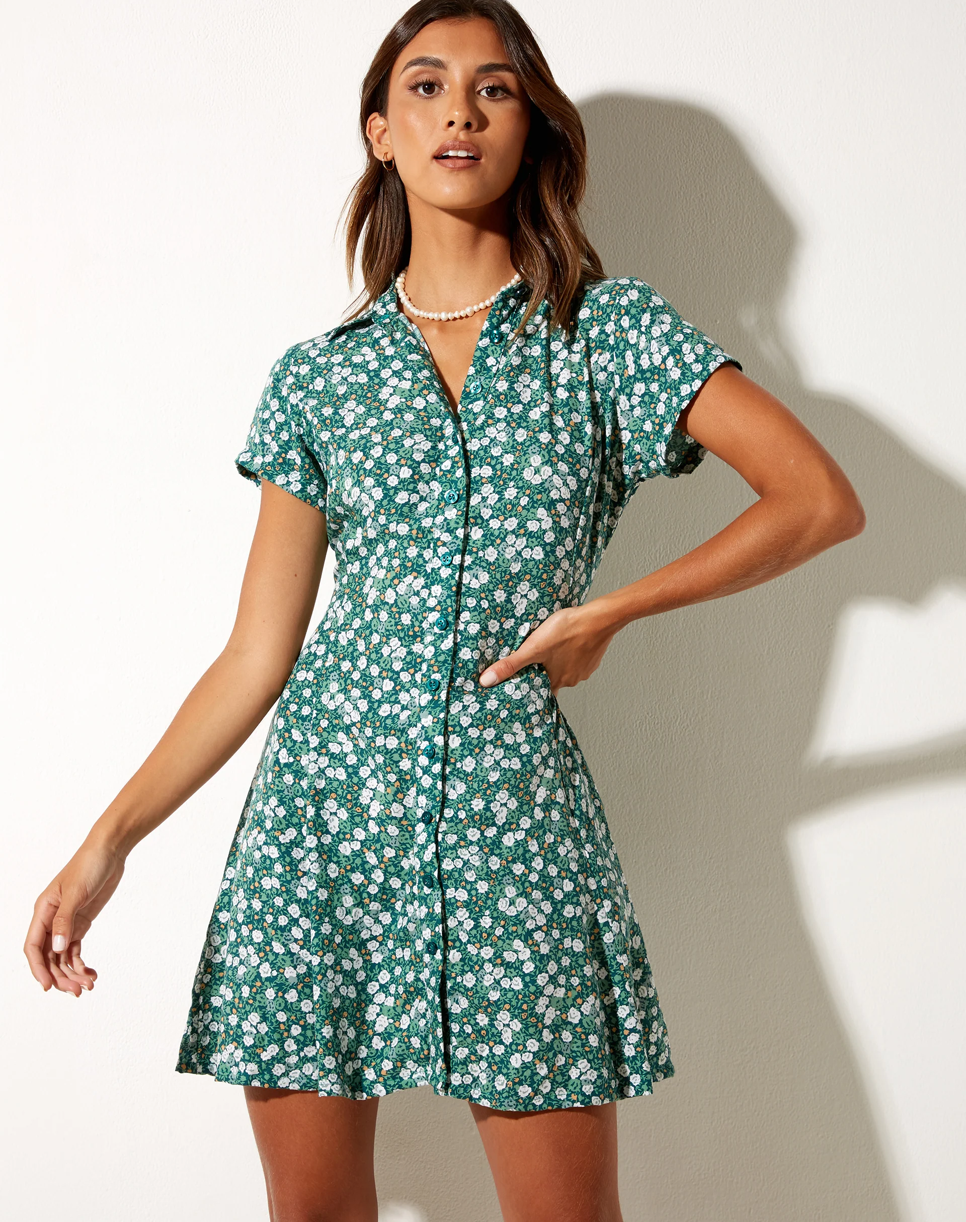 Holma Mini Dress in Floral Field Green - Awmao