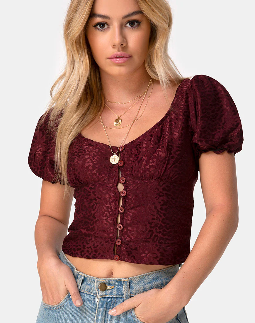Monda Top in Satin Cheetah Burgundy - Awmao