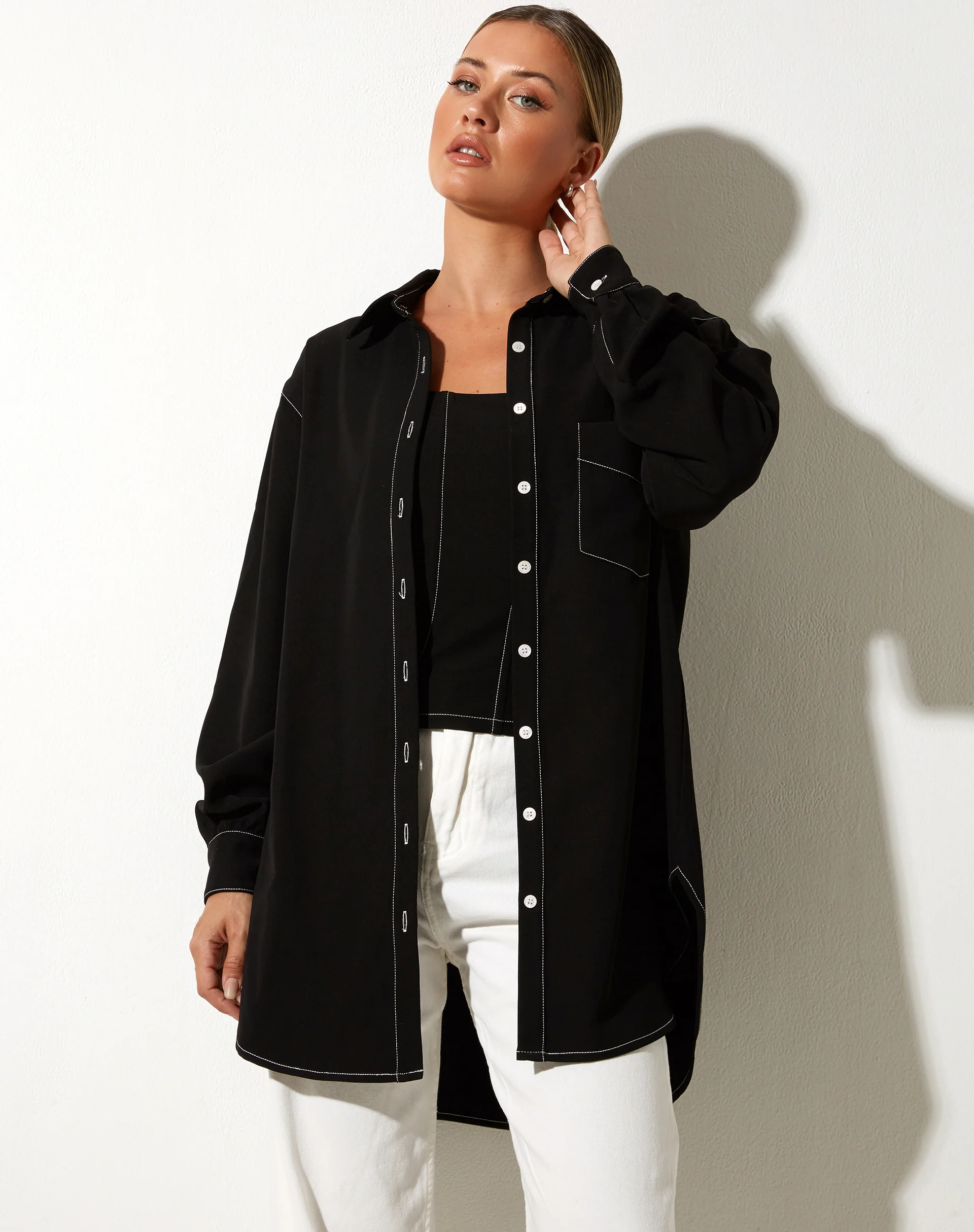 Gane Shirt in Black with White Stitch - Awmao
