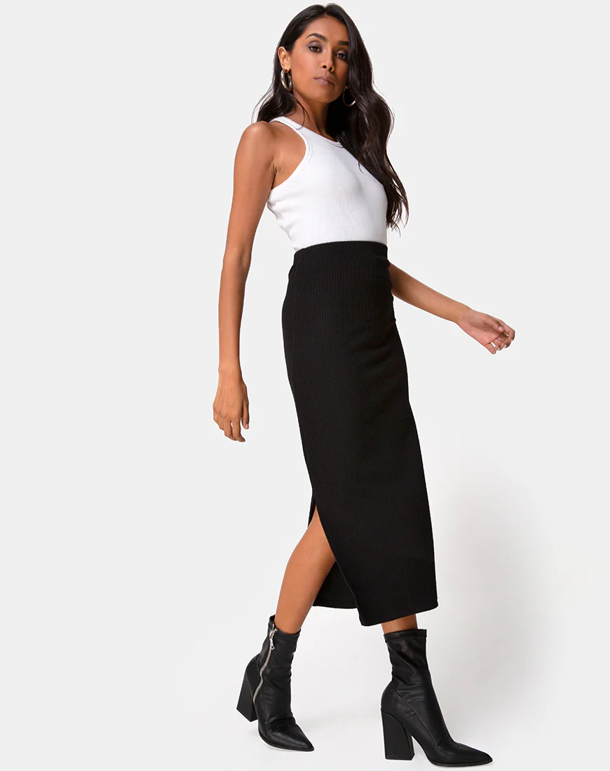 Rollie Midi Skirt in Jumbo Rib Black - Awmao