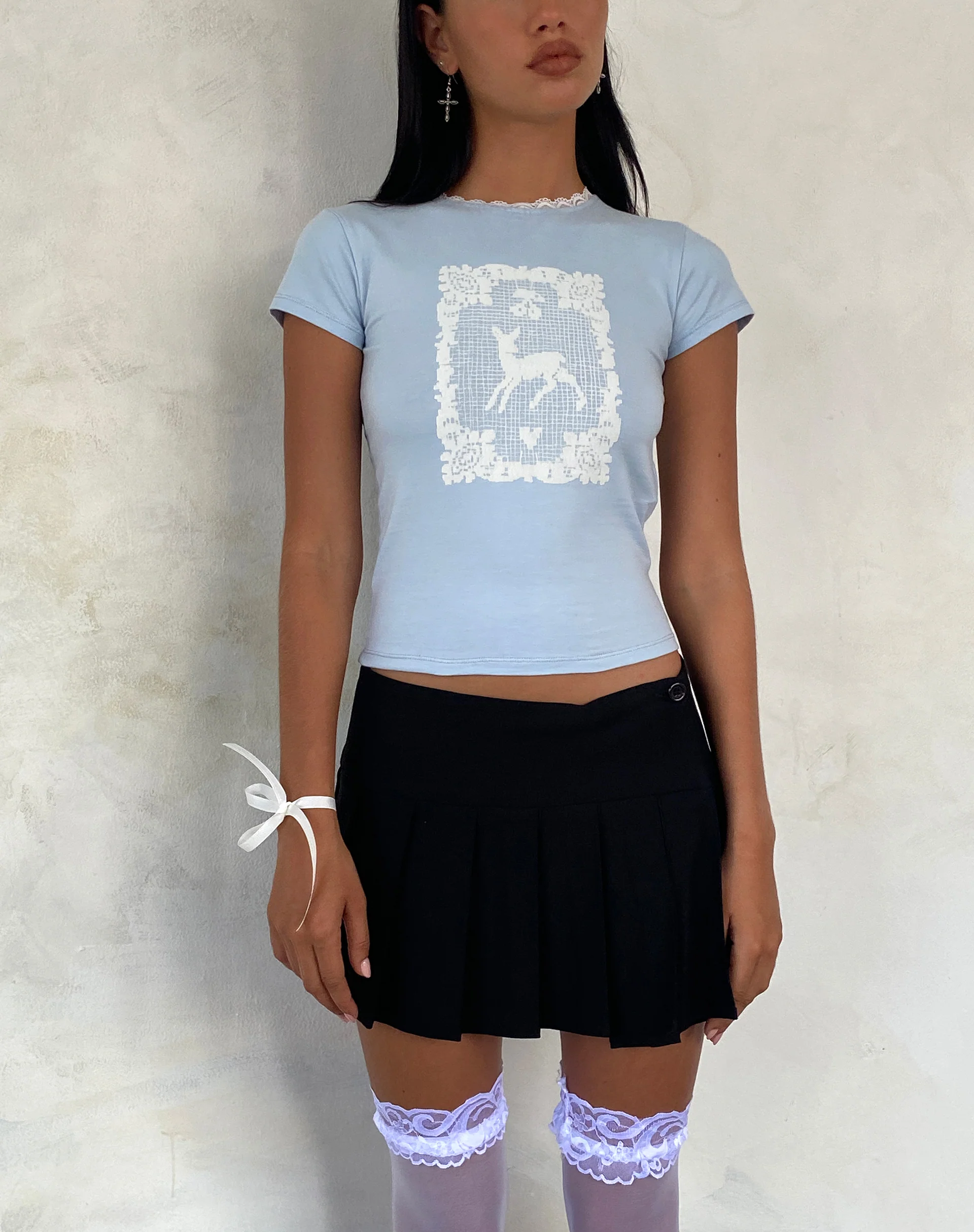 Zagy Short Sleeve Tee in Powder Blue with Deer Motif - Awmao