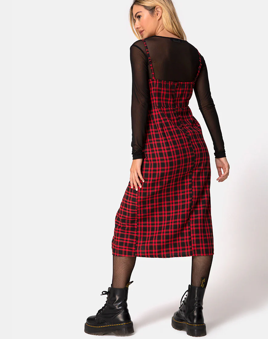 Kaoya Midi Dress in Check Red and Black - Awmao
