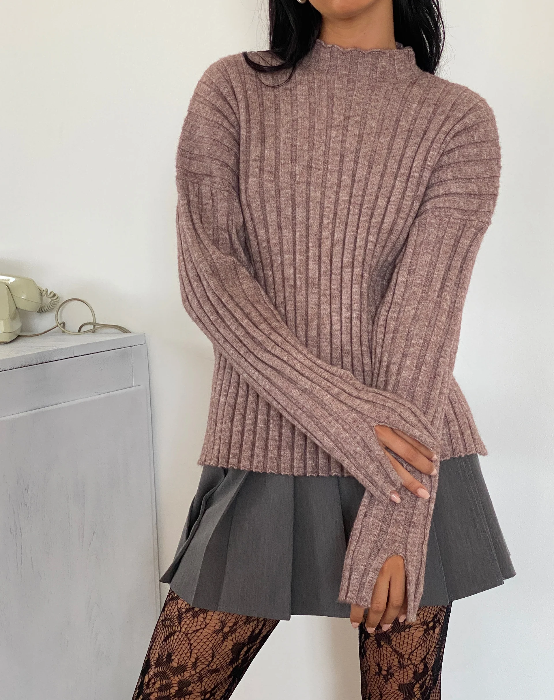 Judah Oversized Chunky Rib Knit Jumper in Taupe - Awmao