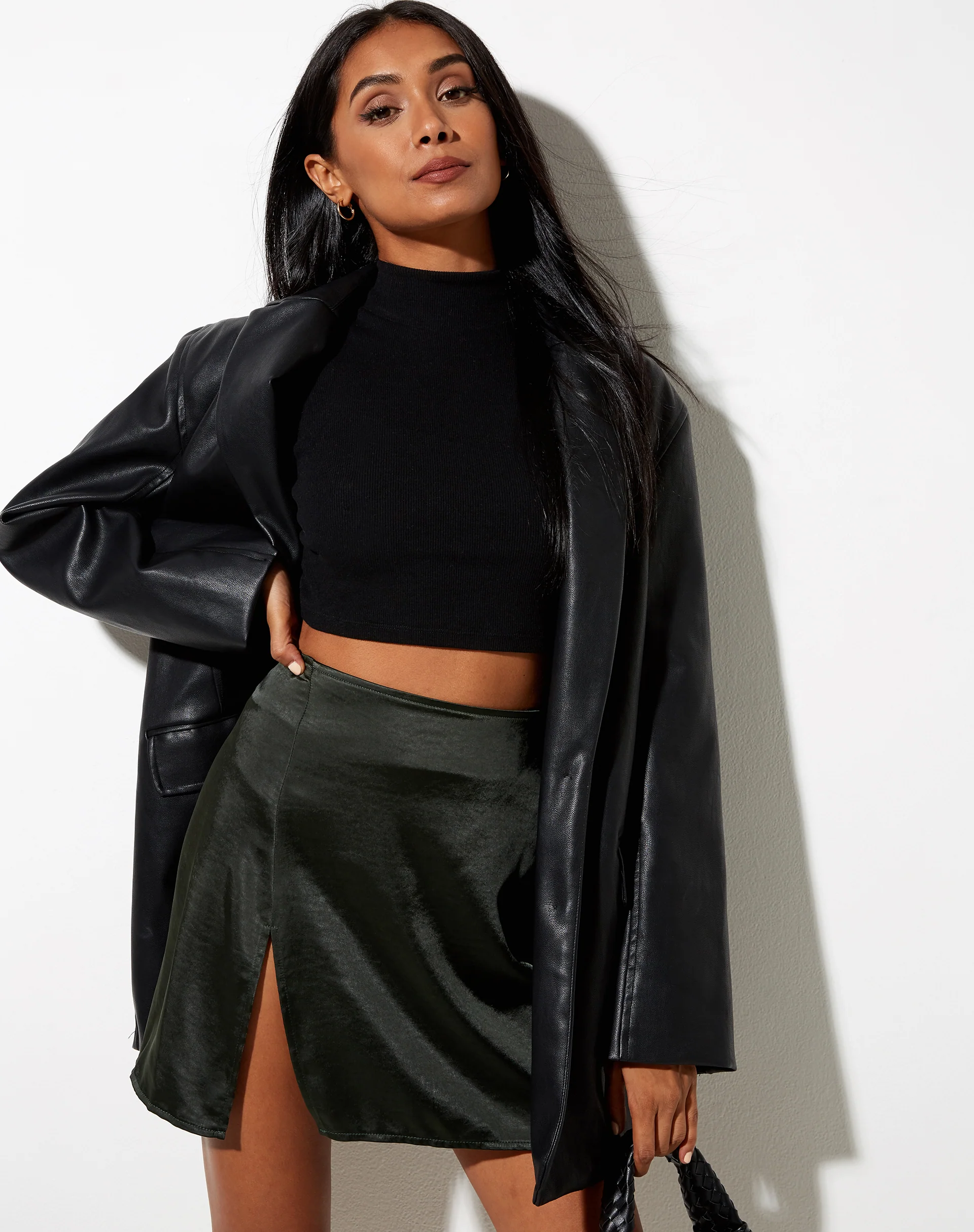Shenka Mini Skirt in Satin Dark Khaki - Awmao