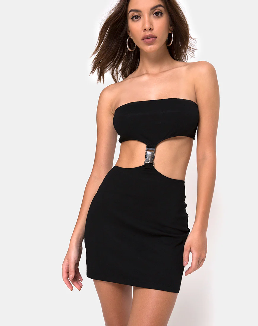 Maraya Mini Dress in Black with Silver Buckle - Awmao