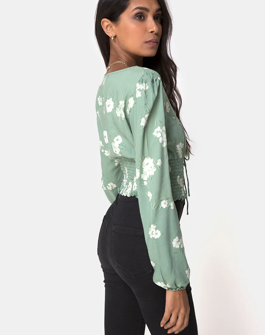 Carmen Top in Mono Flower Green - Awmao