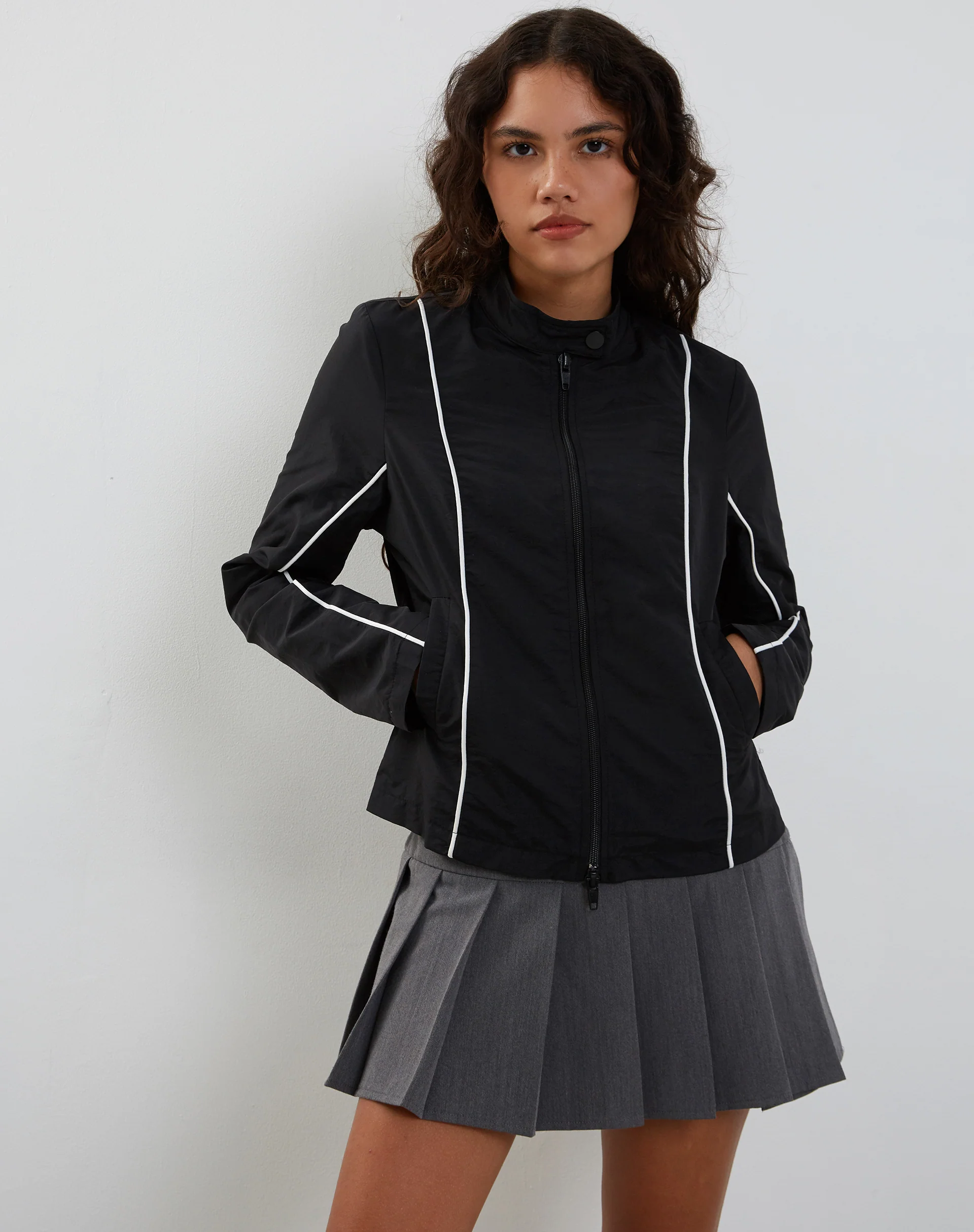 Nila Zip Up Biker Jacket in Black Nylon - Awmao