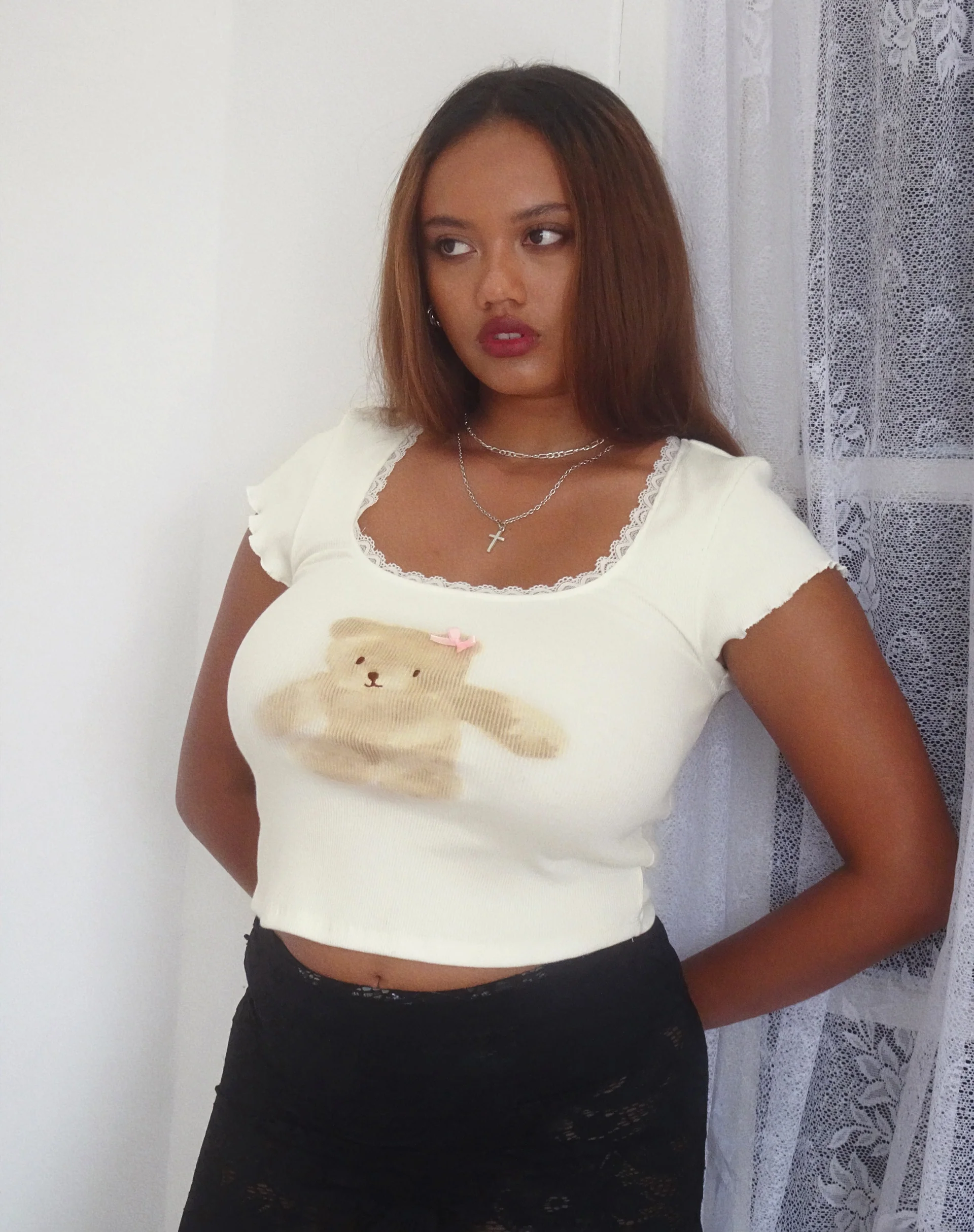 Bovillo Cap Sleeve Top in White Rib with Teddy Motif - Awmao