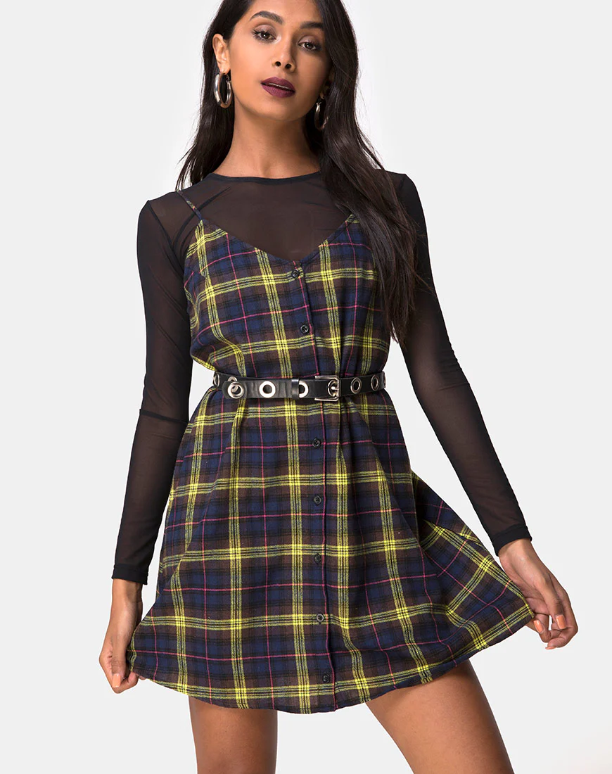 Sanna Slip Dress in Plaid Brown Yellow Check - Awmao