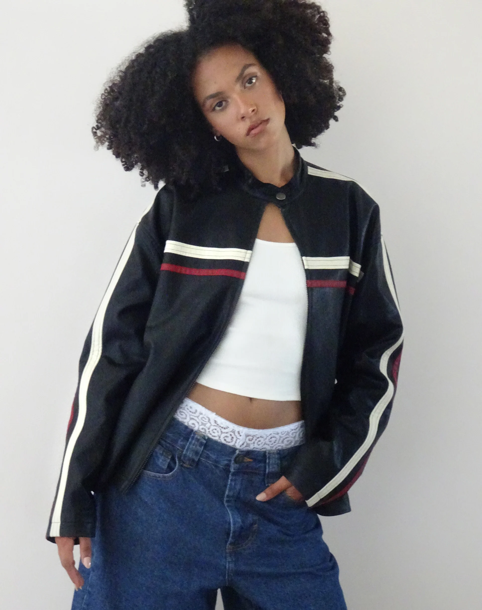 Colton Jacket in PU Black with Ivory and Red Stripe - Awmao