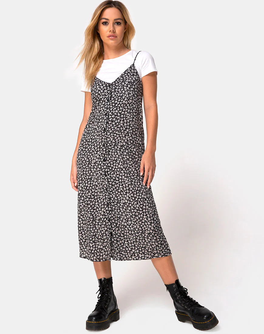 Sini Slip Dress in Ditsy Rose Black - Awmao