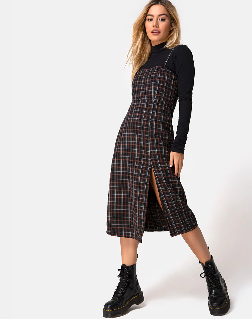 Kaoya Midi Dress in Check Black and Orange - Awmao
