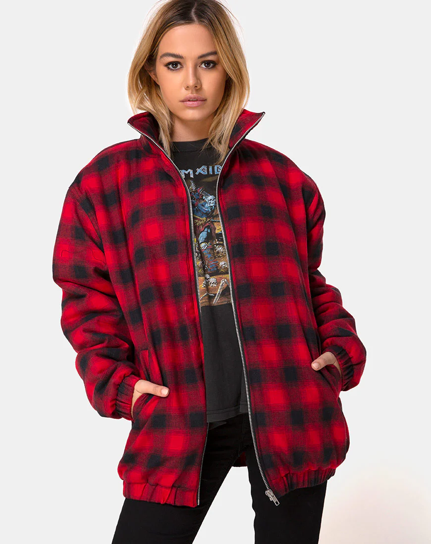 Raven Jacket in Plaid Red Black - Awmao