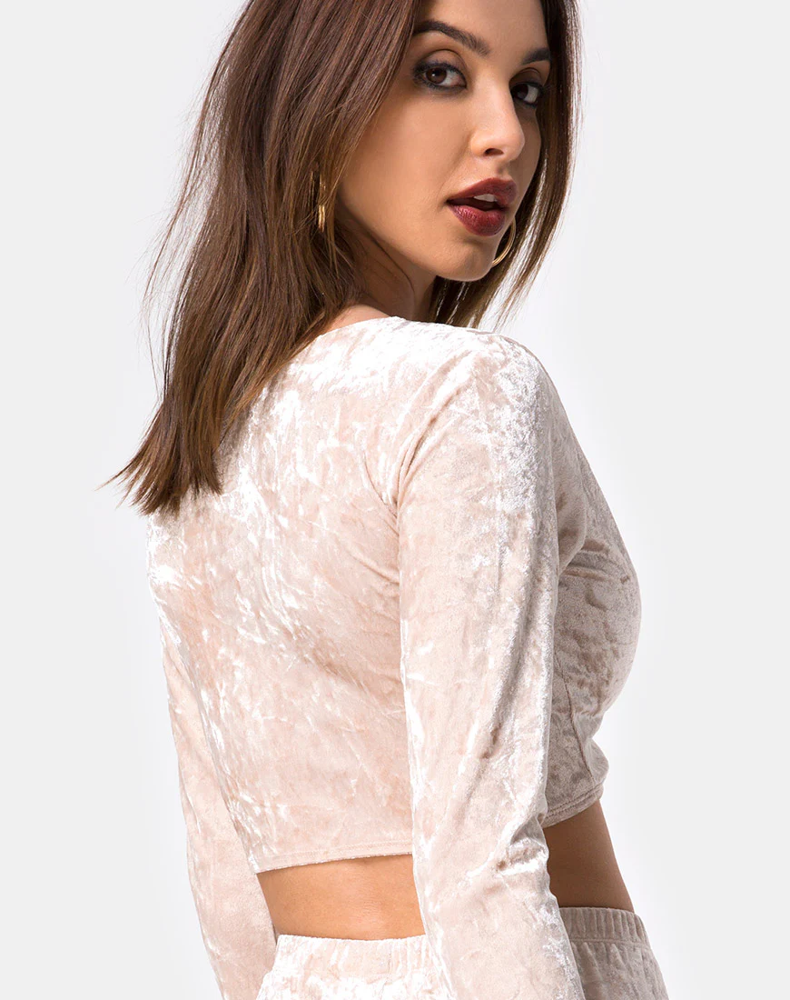 Lorya Crop Top in Cream Crushed Velvet - Awmao