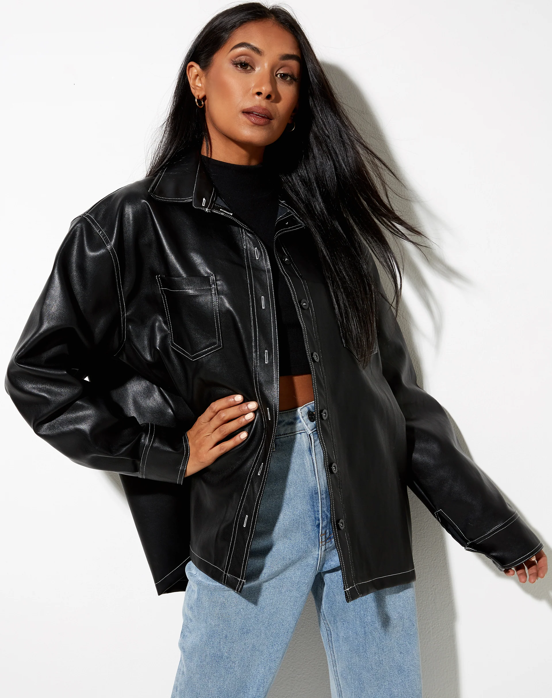 Lumberjack Shirt in PU Black with White Stitch - Awmao