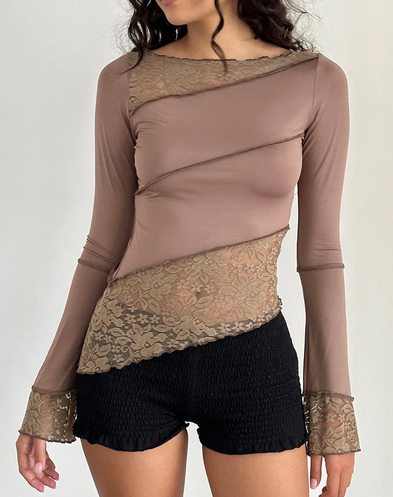 Lucca Long Sleeve Top in Slinky Lace Mocha - Awmao