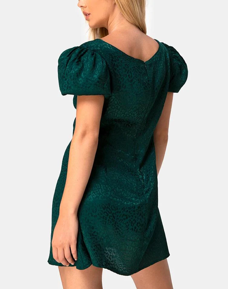 Elfy Mini Dress in Satin Cheetah Forest Green - Awmao