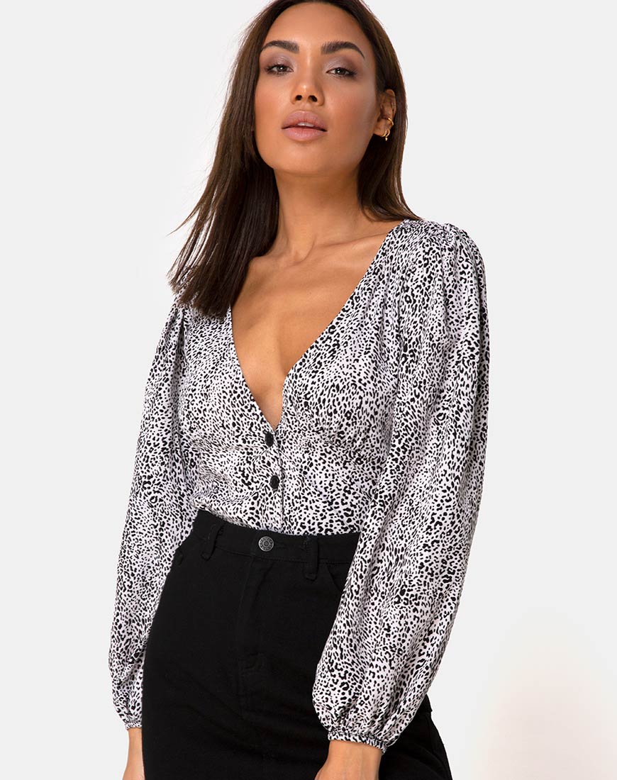 Roma Long Sleeve Top in Leo Spot in Black and White - Awmao