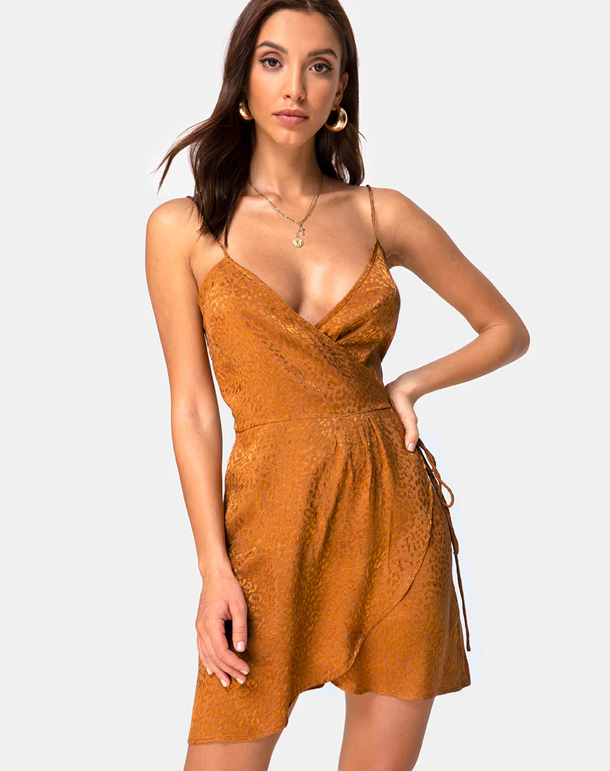 Furiosa Wrap Dress in Gold Satin Cheetah - Awmao