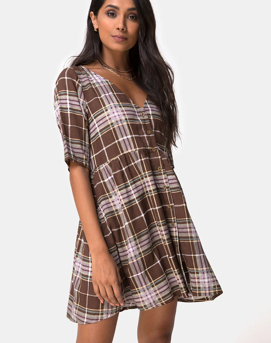 Verren Babydoll Dress in Tartan Brown - Awmao