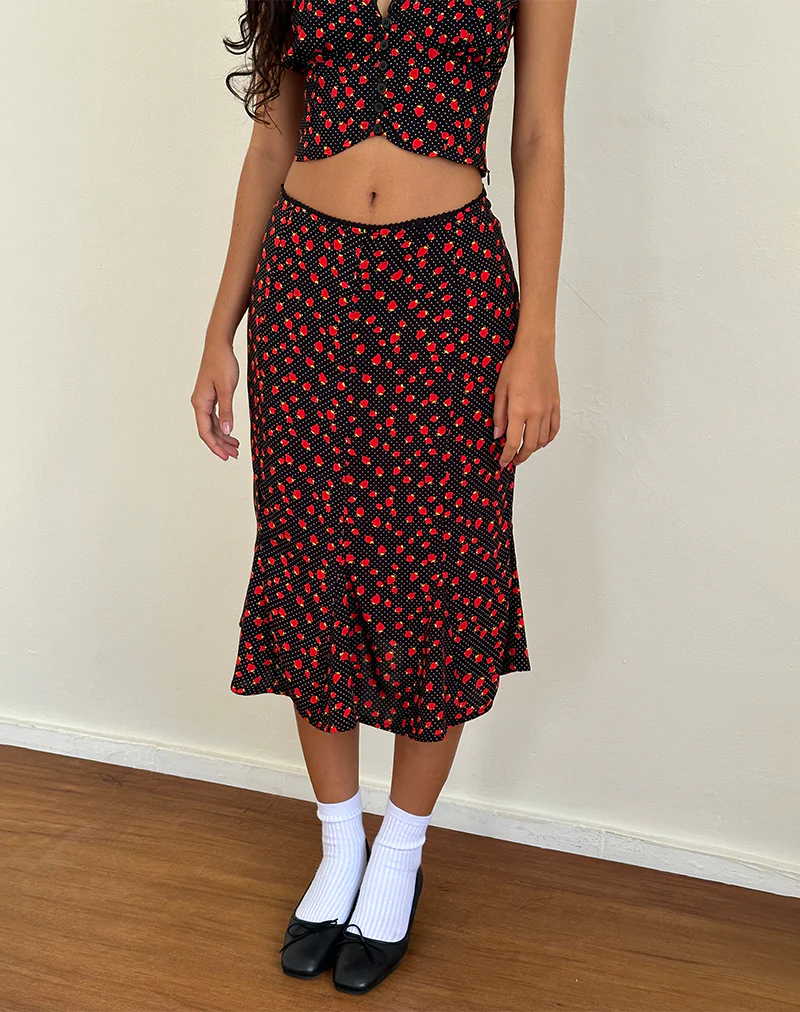 Sima Midi Skirt in Strawberry Polka Black - Awmao
