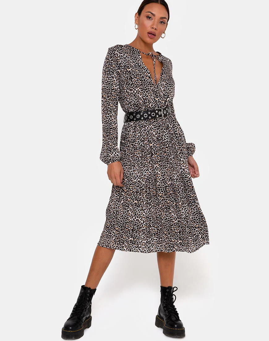 Bello Midi Dress in Rar Leopard Brown - Awmao