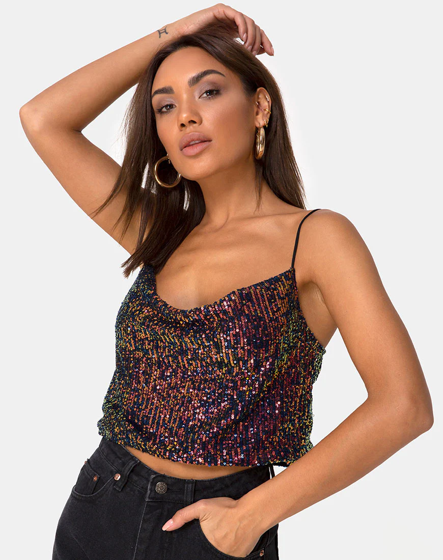 Paima Strappy Top in Drape Net Sequin Iridescent Burgundy - Awmao