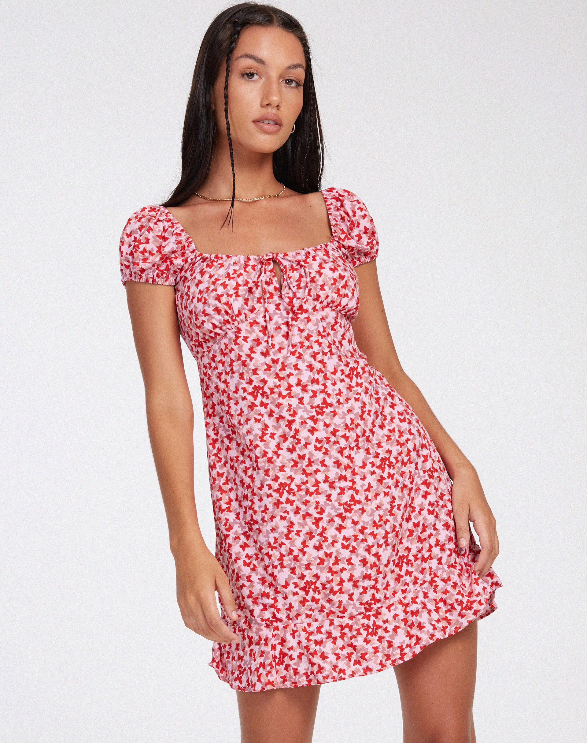 Galaca Mini Dress in Ditsy Butterfly Peach and Red - Awmao