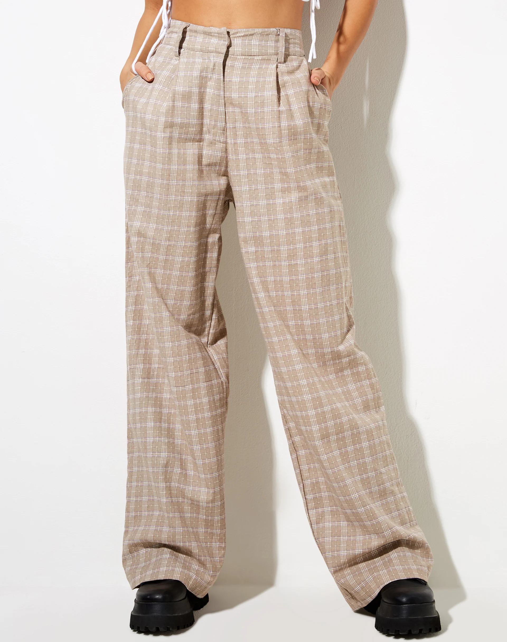 Onfal Wide Leg Trouser in Taupe Check - Awmao